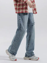 Men’s vintage distressed relaxed fit jeans in light-wash denim with a straight-leg cut and knee distressing