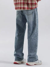 Men’s vintage distressed light-wash denim relaxed fit jeans with straight-leg cut and classic back pockets backside view