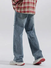 Men’s vintage distressed light-wash denim relaxed fit jeans with a straight-leg cut and classic back pockets backside view