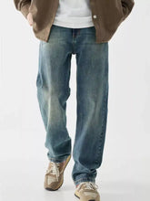 Men’s vintage wash loose fit washed blue denim jeans with a relaxed straight-leg cut and vintage wash finish