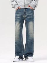 Men’s vintage wash loose fit blue denim jeans with relaxed straight-leg cut and faded distressing on thighs
