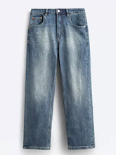 Men’s blue denim jeans with vintage wash loose fit and classic five-pocket design for casual wear