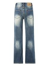 Blue denim men’s vintage wash loose fit jeans with faded distressed wash and two back pockets shown from the back side