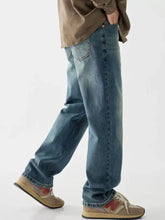 Men’s vintage wash loose fit blue denim jeans with relaxed straight-leg cut and subtle fading in a vintage wash loose style