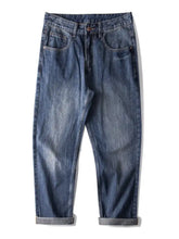 Men’s vintage wash loose fit dark-wash denim jeans with classic five-pocket design and rolled cuffs