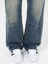 Men’s vintage wash loose fit dark-wash denim jeans with a relaxed wide-leg cut and subtle thigh fading
