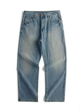 Men’s vintage wash loose fit jeans in light-wash denim with a relaxed straight-leg cut and classic five-pocket design