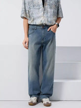 Men’s vintage wash light-wash denim loose fit jeans with a relaxed straight-leg cut and subtle thigh fading