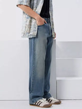 Men’s vintage wash loose fit jeans in light-wash denim with a straight-leg cut and classic five-pocket design