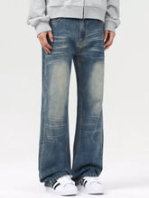 Men’s vintage wash loose fit jeans in washed blue denim with flare cut, faded distressing, and subtle whiskering details