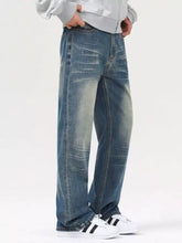 Men’s vintage wash loose fit blue denim jeans with relaxed straight-leg cut and faded distressing on thighs