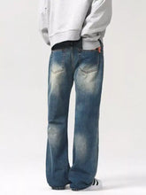 Men’s vintage wash loose fit jeans in washed blue denim with relaxed straight-leg cut and faded distressing on thighs
