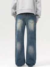 Men’s vintage wash loose fit wide-leg denim jeans in faded blue with subtle distressing details