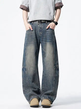 Men’s vintage wash wide leg jeans in faded blue denim with subtle distressing and reinforced patch pockets