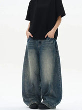 Men’s vintage wash wide leg jeans in faded blue denim with visible stitching and a relaxed oversized fit