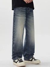 Men’s vintage wash wide leg denim jeans in faded blue with subtle whiskering details for a classic look
