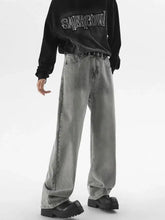 Men’s vintage wash wide leg gray denim jeans with faded wash and classic five-pocket design
