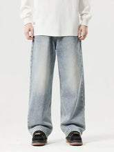 Men’s vintage wash wide leg jeans in light-wash denim with a relaxed fit and wide-leg silhouette