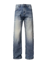 Men’s blue denim jeans with vintage wash wide leg cut and faded distressed finish