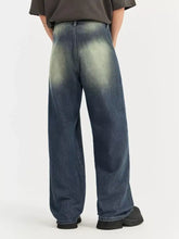 Men’s dark blue denim vintage wash wide leg jeans featuring a faded gradient wash effect from the waist down
