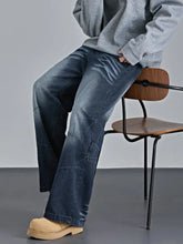 Men’s dark blue denim vintage wash wide leg jeans with relaxed fit and visible stitching details