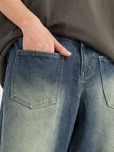Men’s vintage wash wide leg jeans in dark-wash denim with a faded gradient from deep blue to grayish-blue