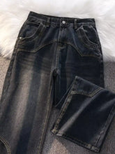 Men’s dark-wash vintage wash wide leg jeans with high-rise waist, flared legs, visible stitching, and subtle fading