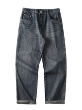 Men’s vintage wash wide leg jeans in dark-wash denim with a relaxed fit and rolled cuffs
