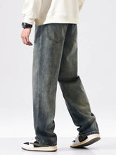 Men’s vintage wash wide-leg jeans in dark-wash denim with relaxed straight-leg cut and visible stitching details