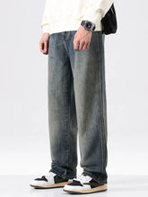 Men’s vintage wash wide-leg jeans in dark-wash denim with relaxed straight-leg cut and visible stitching along seams
