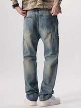 Men’s distressed blue denim cargo wide leg jeans with vintage wash and multiple pockets for casual wear