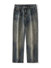 Men’s vintage wash wide-leg jeans in dark distressed denim with a faded worn-in appearance and straight-leg cut