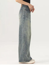 Men’s vintage wash wide leg jeans in faded light blue denim with subtle distressing and classic stitching