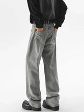 Men’s vintage wash wide leg gray denim jeans with a relaxed fit and visible stitching detailing