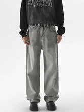 Men’s vintage wash wide leg jeans in gray washed denim with relaxed fit and visible stitching details
