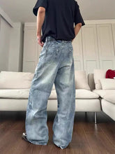 Men’s vintage wash wide leg jeans in light-wash denim with a relaxed fit and visible stitching details