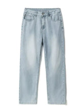Men’s vintage wash wide leg jeans in light-wash denim with a straight-leg cut and classic five-pocket design