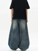 Men’s vintage wash wide leg jeans in faded blue denim with visible stitching and a relaxed voluminous fit