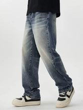 Men’s vintage wash wide leg jeans in washed blue denim with relaxed straight-leg cut and faded thigh distressing