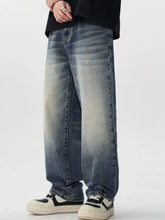 Men’s vintage wash wide leg jeans in washed blue denim with relaxed fit and faded distressing along the thighs