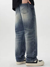 Men’s vintage wash wide leg blue denim jeans with relaxed straight-leg cut and faded distressing