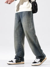 Men’s vintage wash wide-leg jeans in dark-wash denim with a relaxed straight-leg cut and visible stitching details