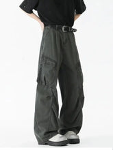 Men’s vintage washed cargo jeans in dark gray with multiple large pockets and a sturdy utilitarian design
