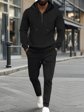 Mens Waffle Knit Hooded Tracksuit Two Piece Set Black Mens Sets