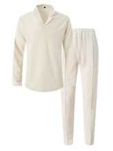 Mens Waffle Knit Long Sleeve Two Piece Set Beige