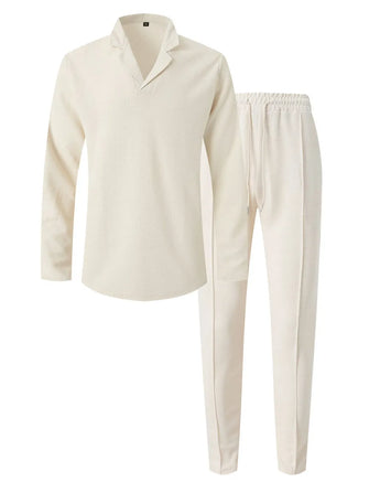Mens Waffle Knit Long Sleeve Two Piece Set Beige