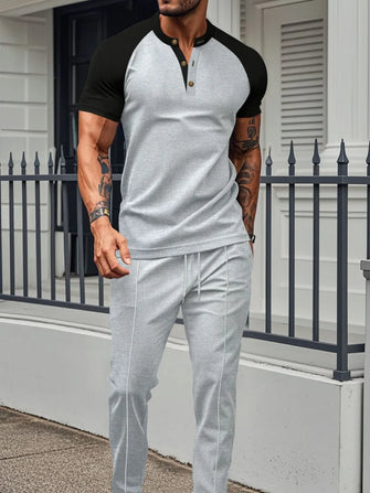 Mens Waffle Knit Two Piece Casual Suit Set Gray