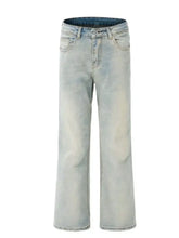 Men’s wash flare jeans in light-wash denim with wide-leg cut and faded distressed detailing for casual wear