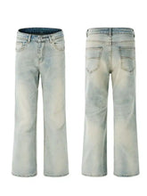 Men’s wash flare jeans in light-wash denim with wide-leg cut and faded distressed detailing for casual wear