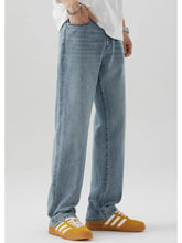 Men’s wash relaxed fit light-wash denim jeans with straight-leg cut and classic stitching visible from the back side